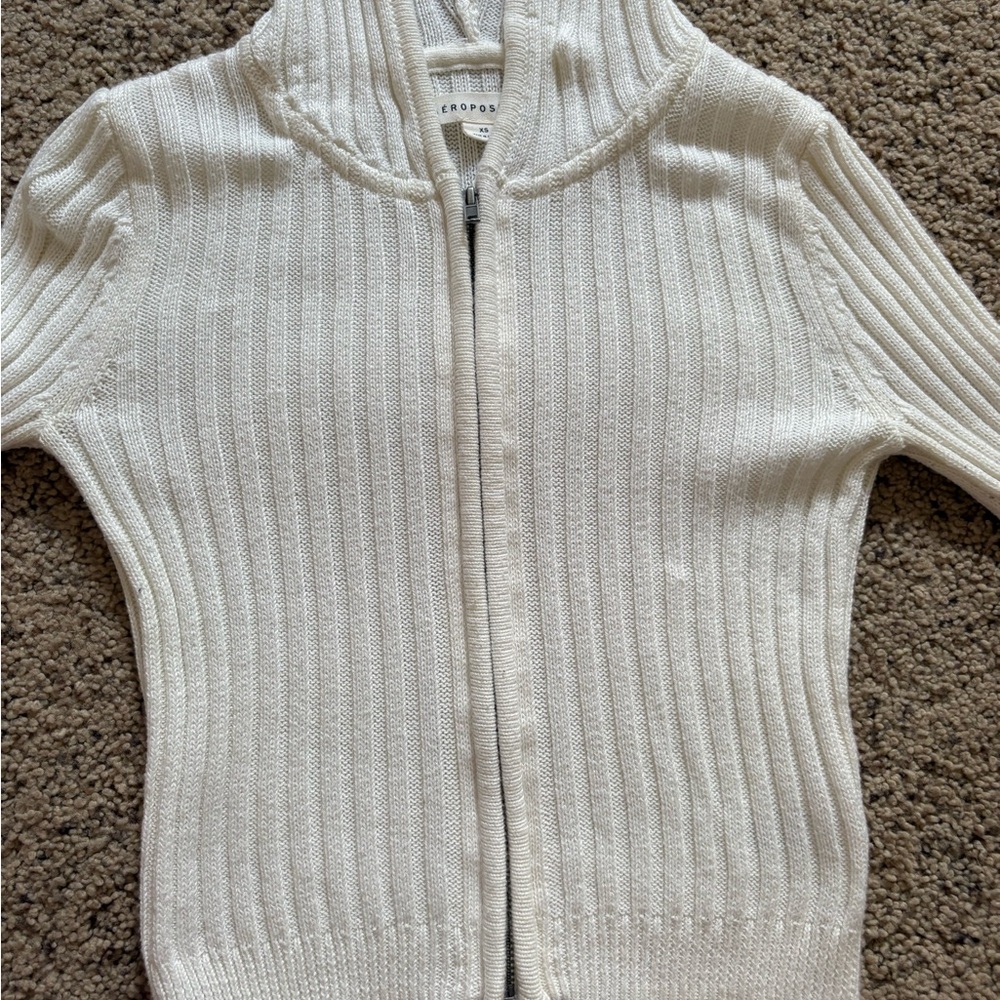 Aeropostale White Ribbed Hooded Cardigan - Picture 2 of 3